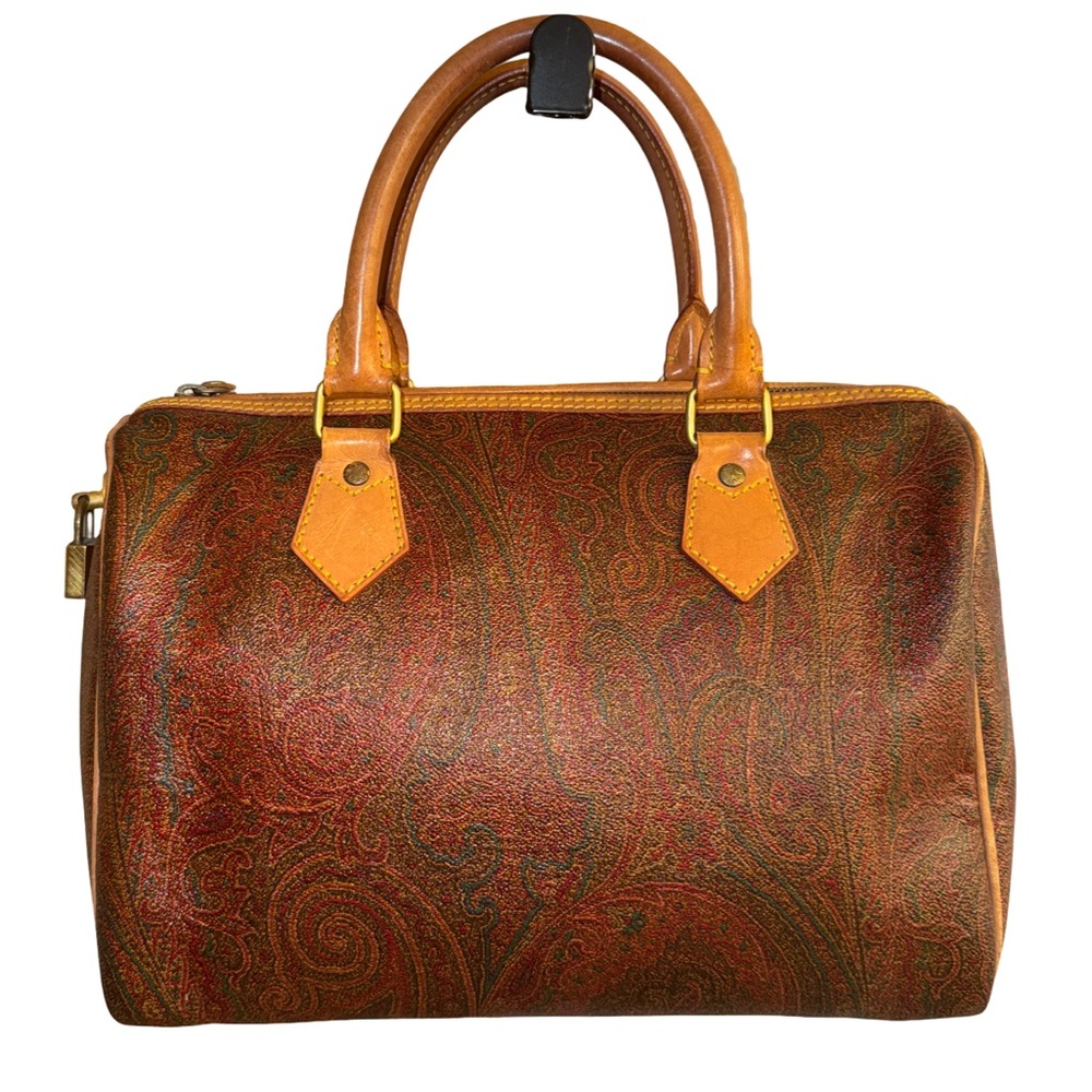 ETRO Milano Paisley Boston Bag Brown Leather Speedy Satchel Made in Italy - Picture 5 of 10